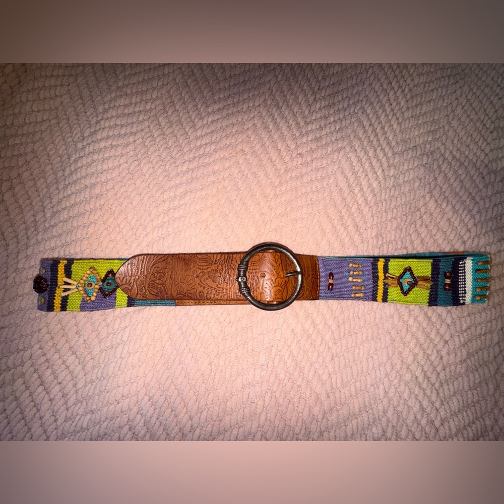 Chico's Embroidered Aztec Leather Belt in Brown and Multi
